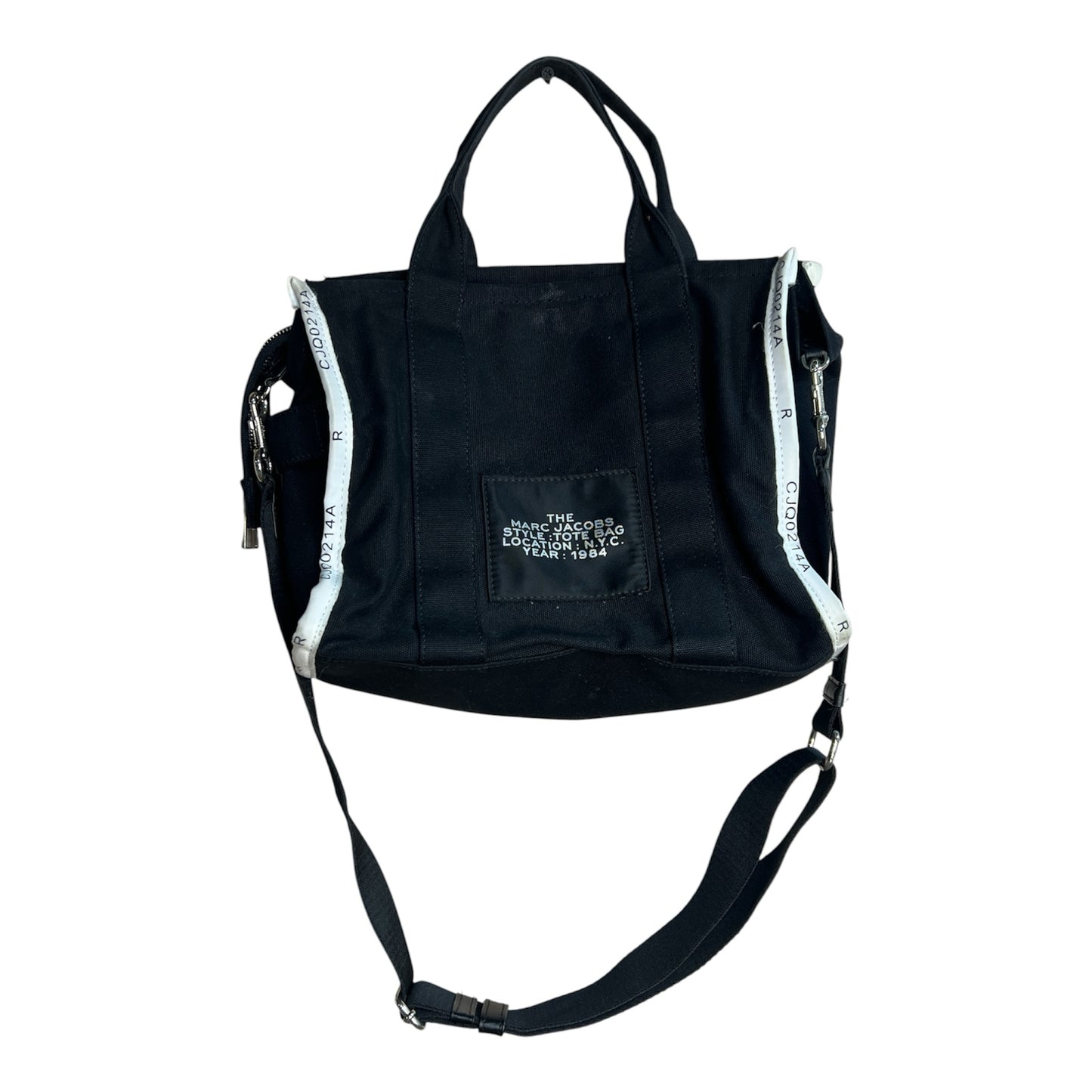 Bolso tote La Pichilemina Marc Jacobs negro de lona con correa ajustable y detalles en blanco