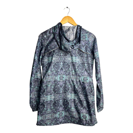 Chaqueta impermeable La Pichilemina con capucha, estampado abstracto azul y verde azulado, ideal para running.