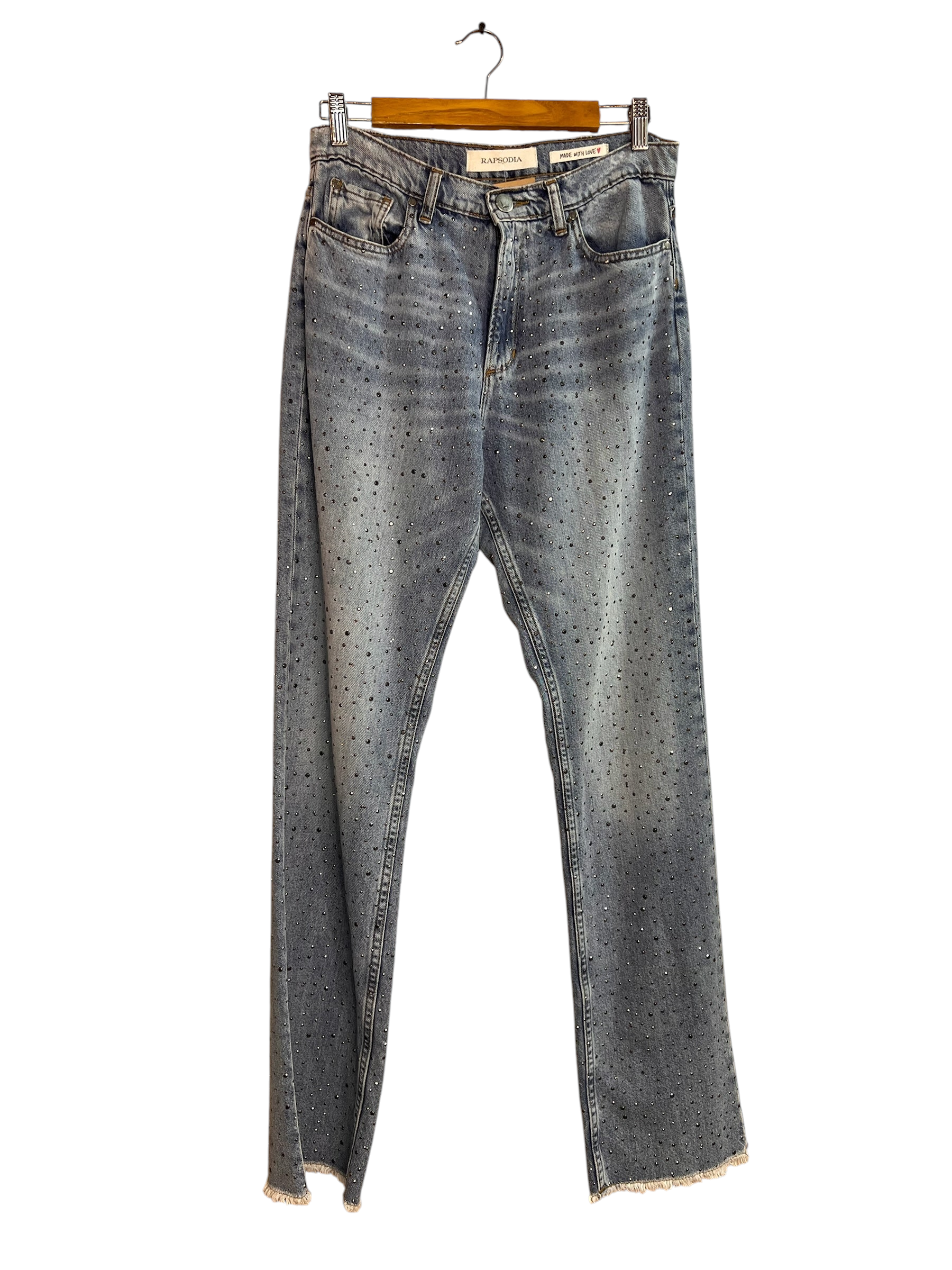 Jeans rectos La Pichilemina de denim azul claro con aplicaciones de brillantes y bajo deshilachado.