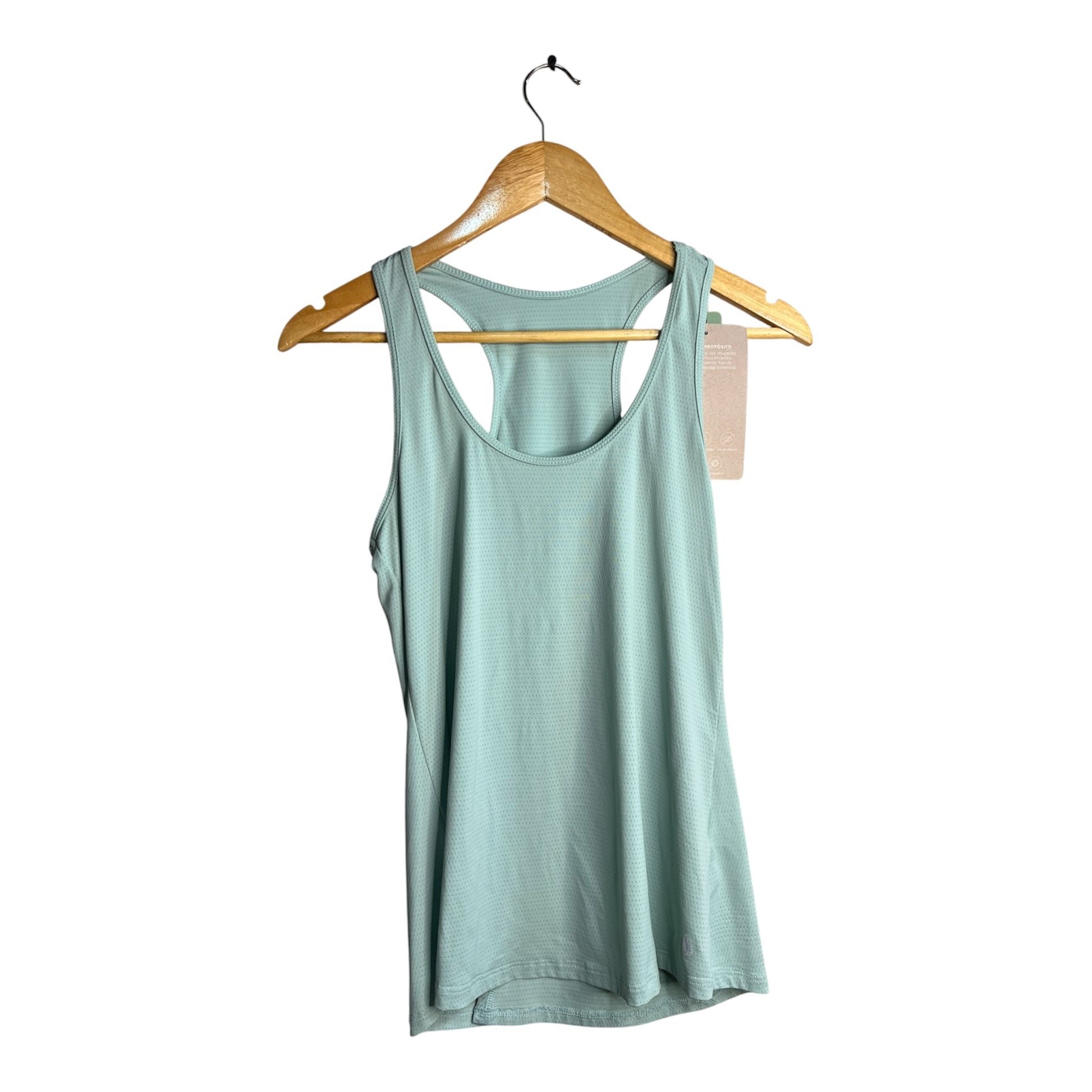 Polera deportiva La Pichilemina verde agua sin mangas con espalda nadador y tejido técnico microperforado en percha